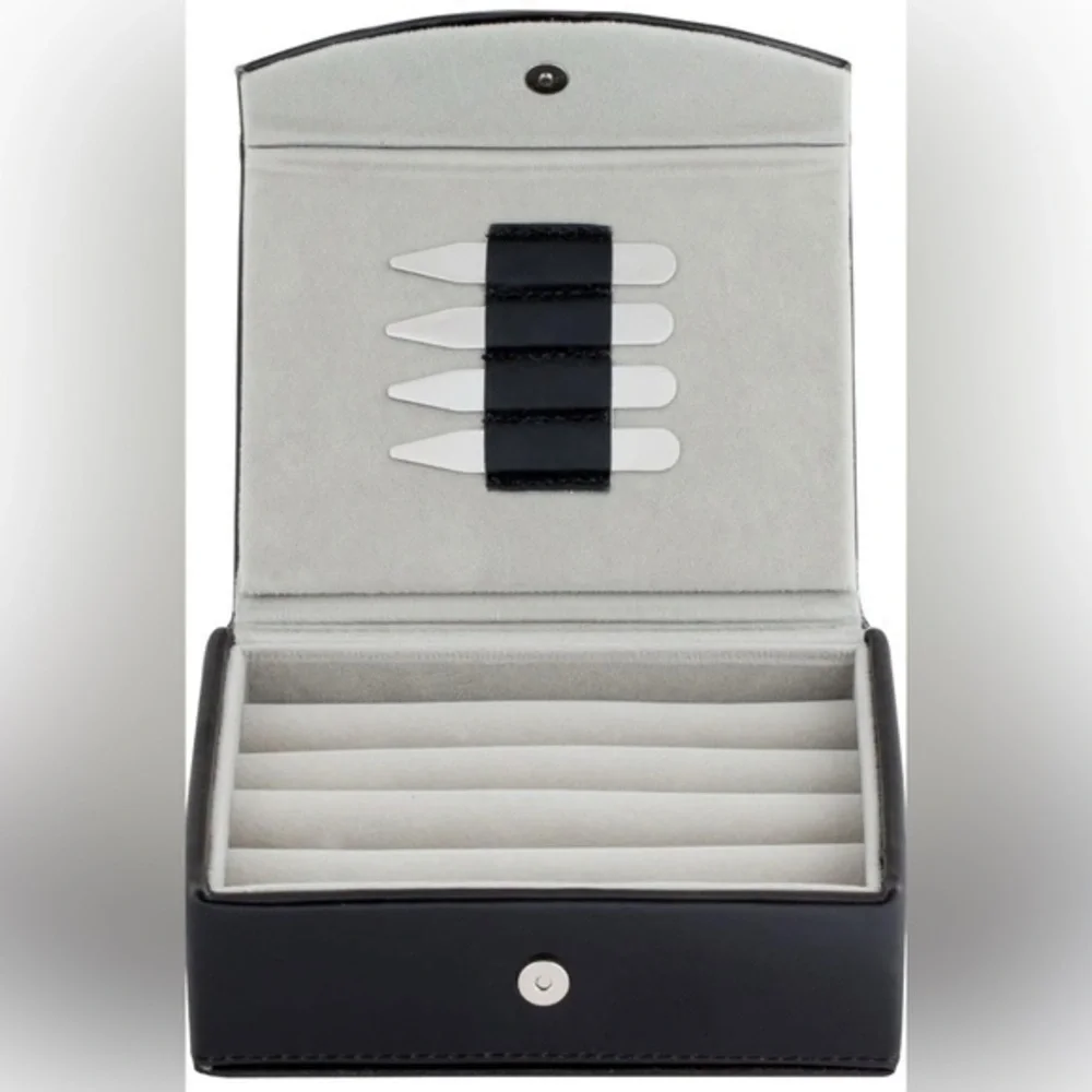 Mens Leather Travel Cufflinks Ring Storage Box Case w/ Collar Stays Holder